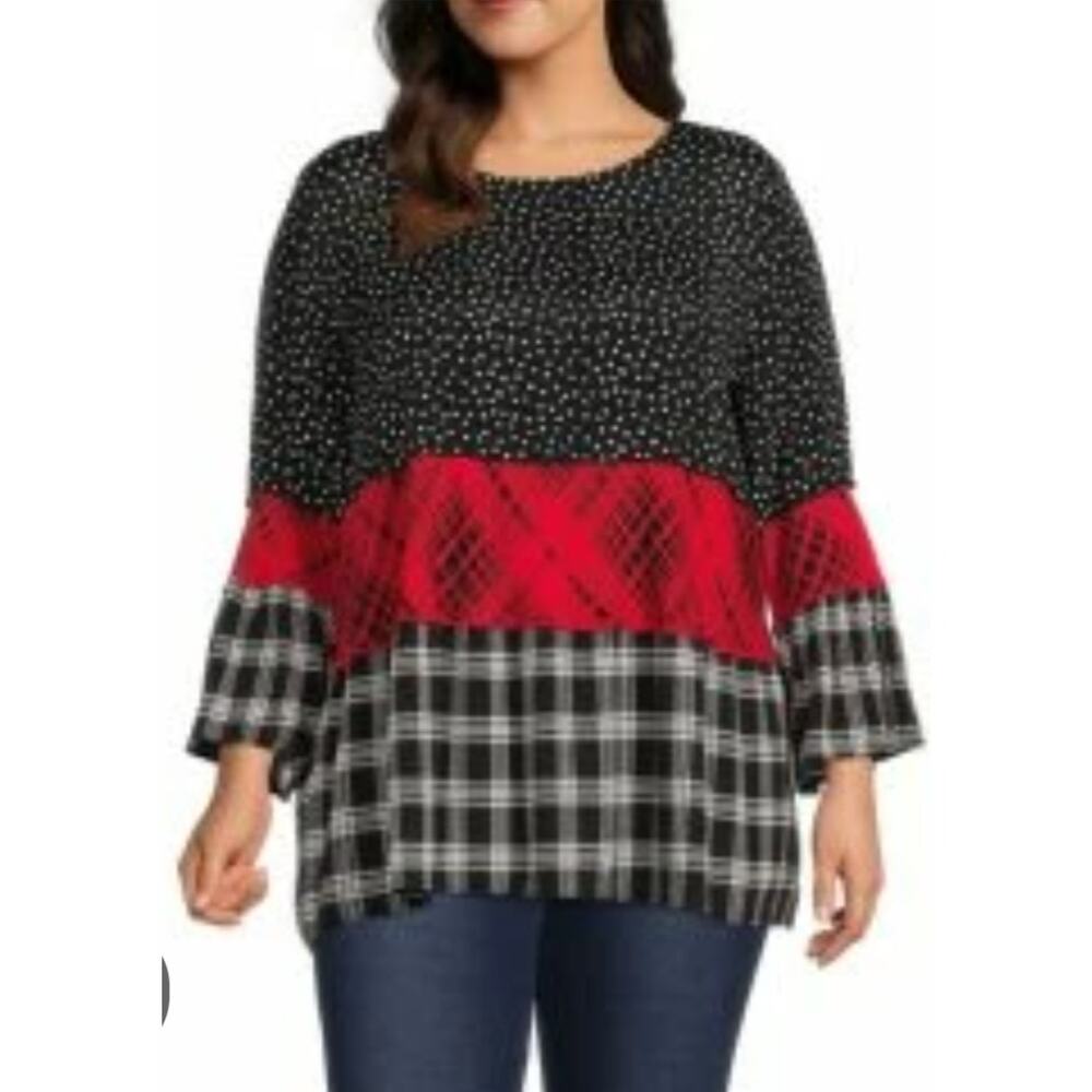 5302) Calessa Dot & Plaid Patchwork Print 3/4 Sleeve Boho Tiered Tunic Top